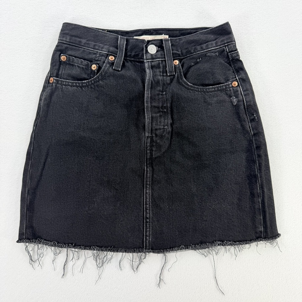 Levi's Ribcage Skirt Womens 24 Black Denim High Rise Mini Button Fly Raw Hem